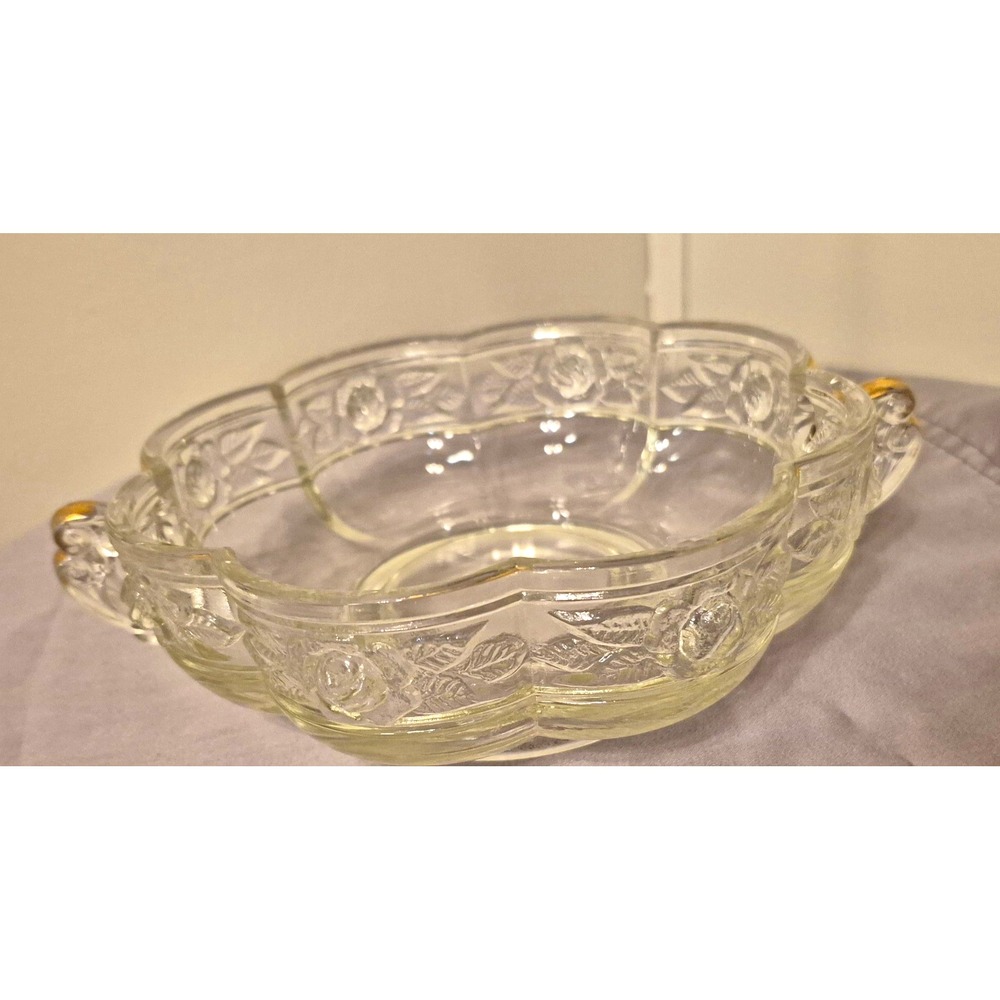 Vintage Jeannette Glass Aztec Rose Pressed Glass Serving Bowl Candy Dish Gold